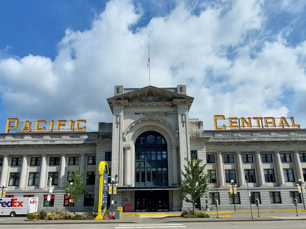 Picture of the Vancouver station with Pacific Central in large letters on the top of the building.