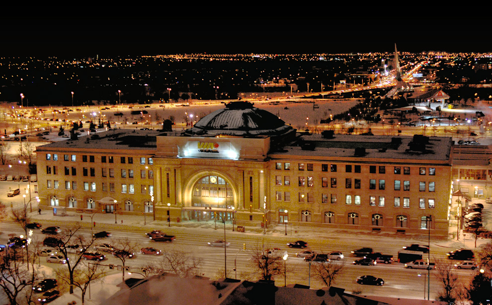 Winnipeg Union Station at night.